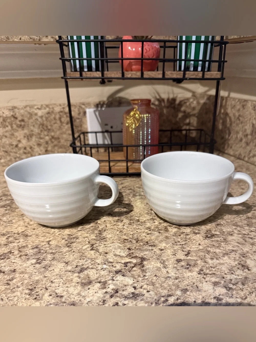 Set of 2 Crate and Barrel Roulette White Spal Porcelain Ribbed Cups